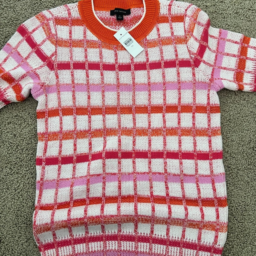 Ann Taylor Pink White Orange Grid Knit Sweater